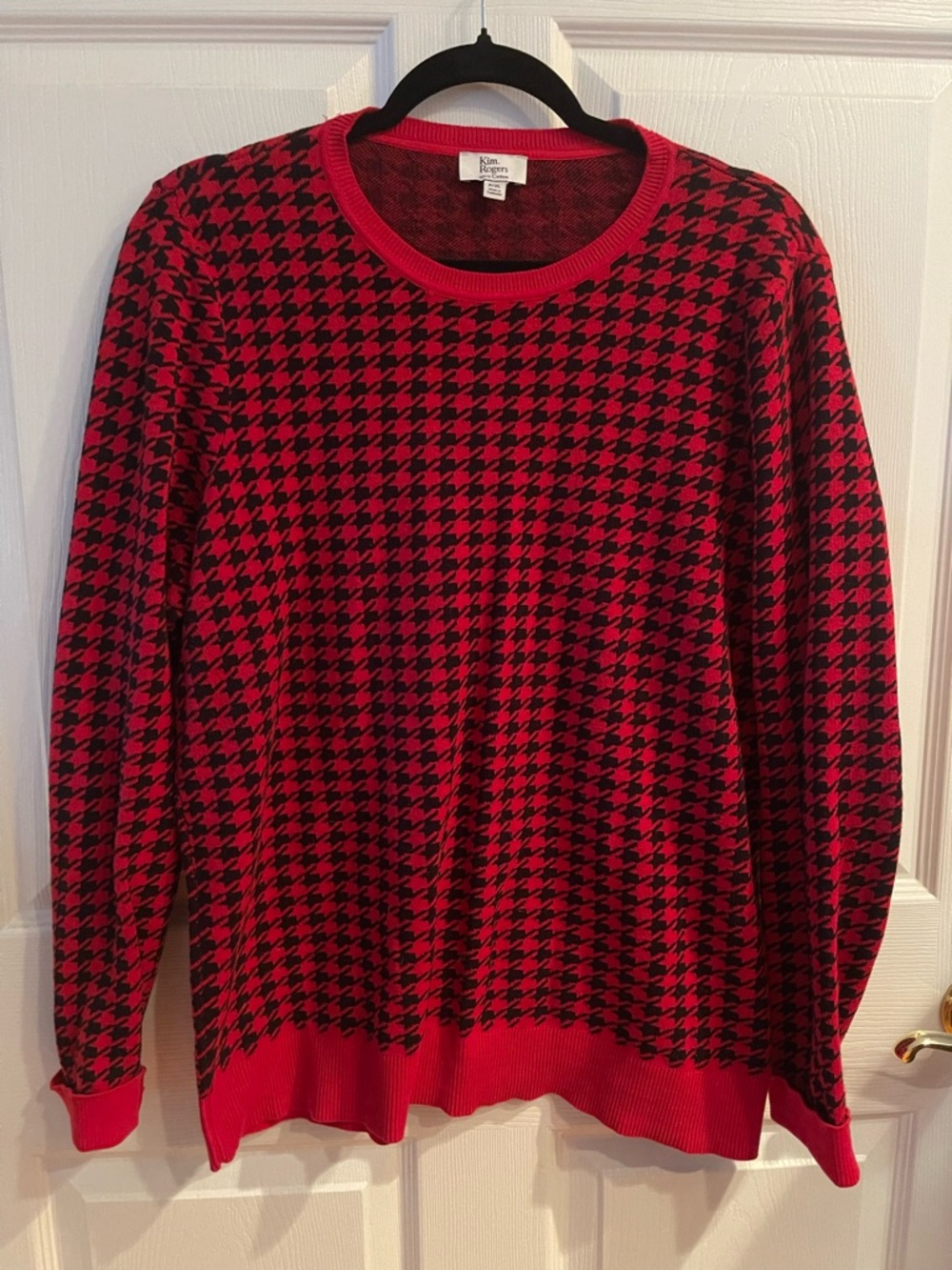 Kim Rogers Red and Black Houndstooth Crewneck Sweater